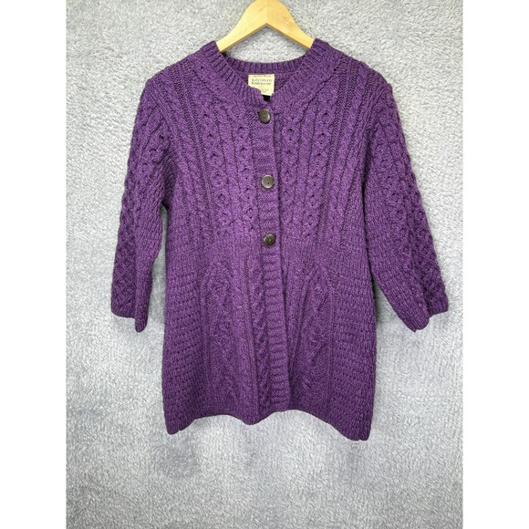 VTG Kilronan Wool Cable Knit Ireland Fisherman Cardigan Sweater Purple Buttons M - Picture 4 of 9
